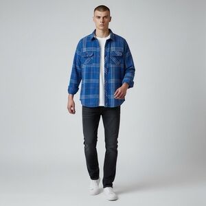 Tony Hawk Blue Plaid Flannel Shirt Button Front Long Sleeves Size XL